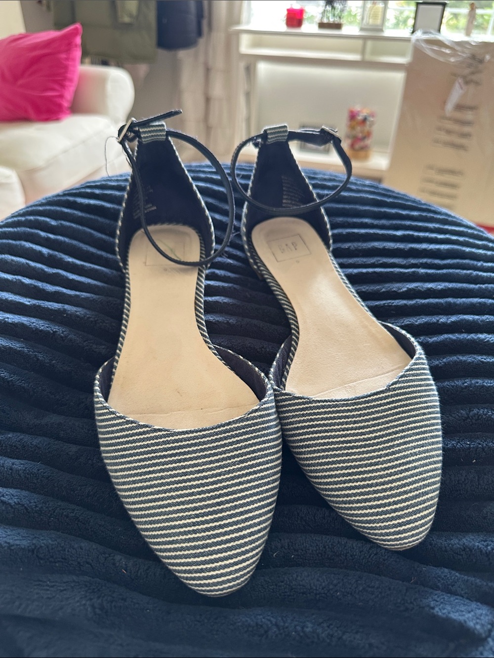 Size 9 navy and white striped Gap Factory flats